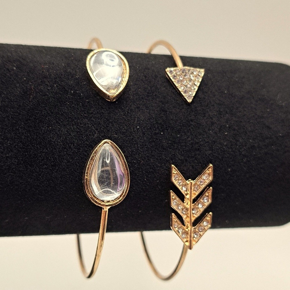 Gold Bangle Bracelet Set Arrowhead Teardrop Rhinestone Stackable Boho Chic - Picture 2 of 8